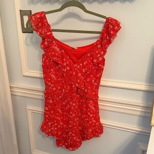 Tobi Red Floral Ruffle Jumpsuit